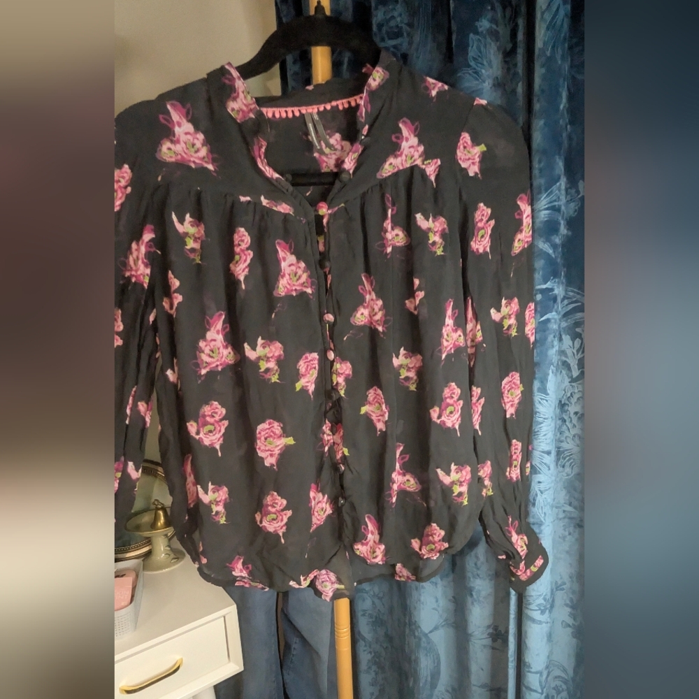Anthropologie Black and Pink Floral Blouse